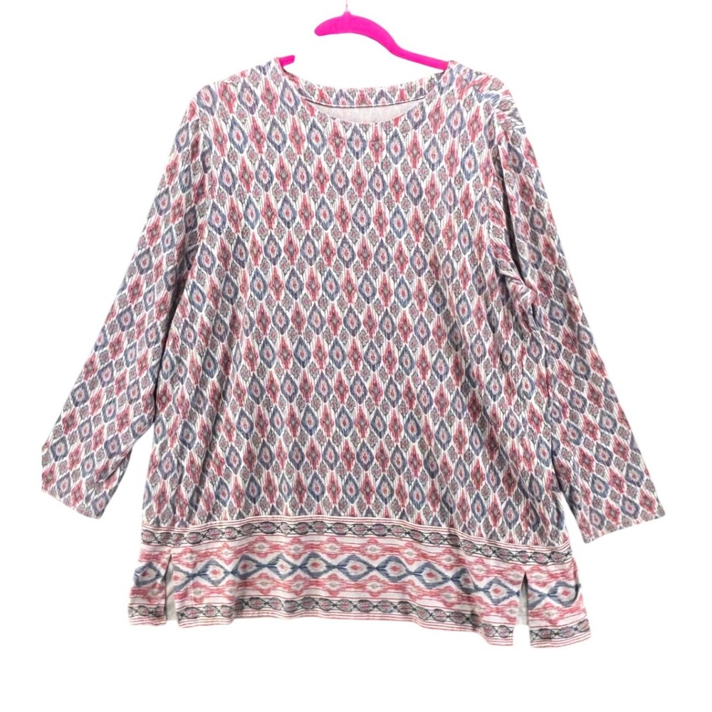 J. Jill Luxe Supima Forward Seam Tunic 2X Orange Blue Geometric Ikat Print Top